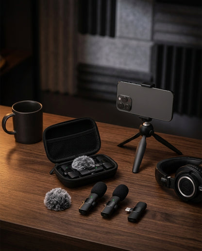 DUET Kit + Case in Black in a podcast studio