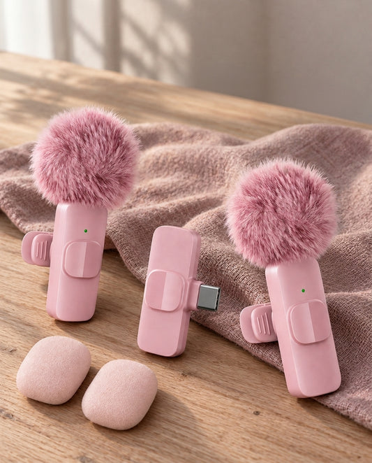 DUET Kit — two wireless clip-on mics and USB-C receiver, pink, editorial